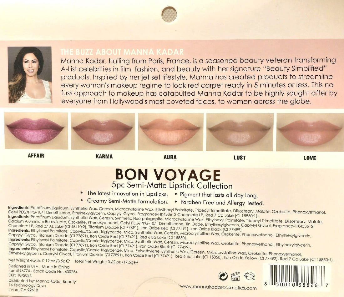 Manna Kadar Bon Voyage five-piece semi-matte lipstick set in assorted shades