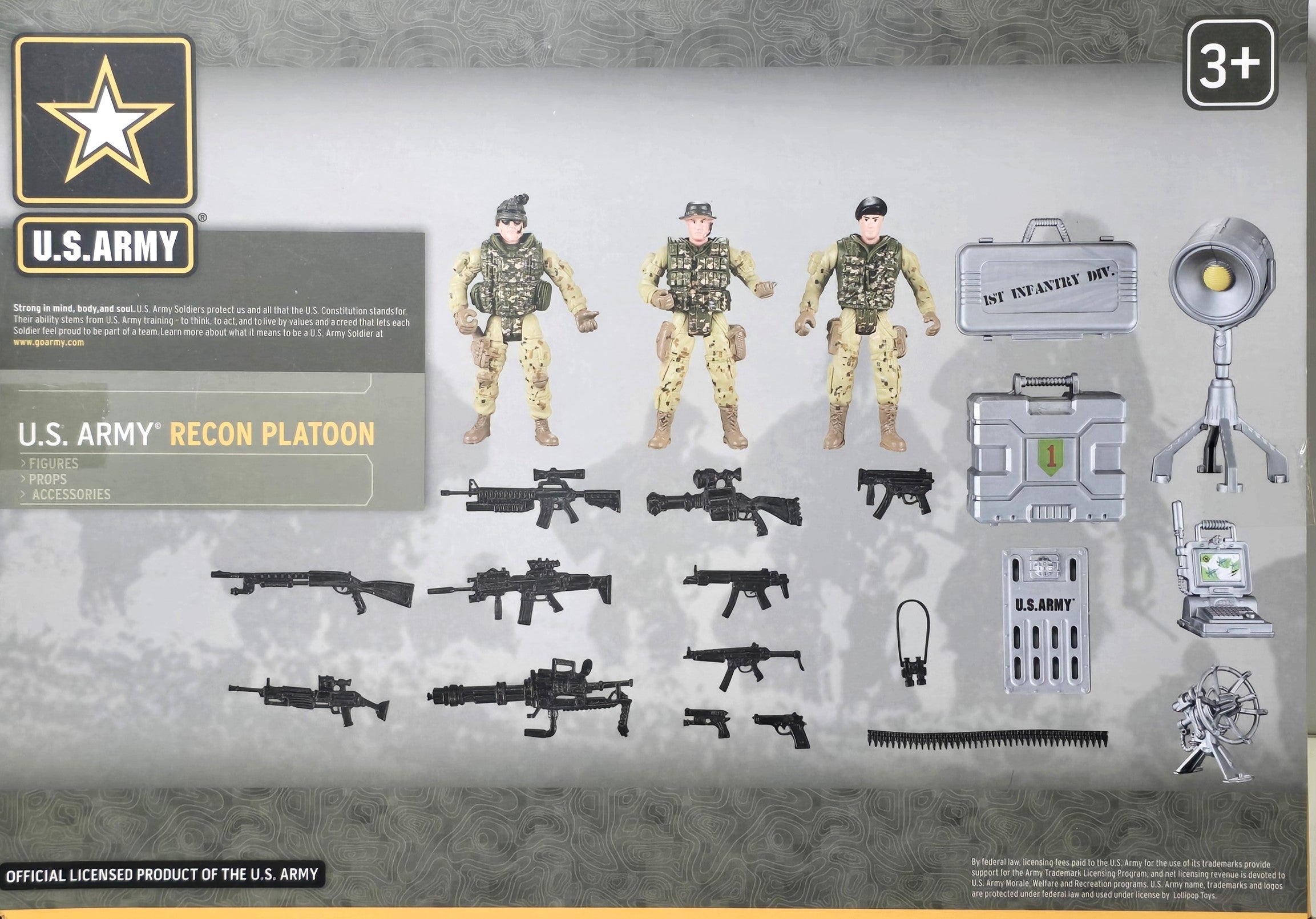 United States Army Recon Platoon Playset with 3 Military Action Figures, Mini Weapons & Accessories - Toy Soldiers for Kids 3+