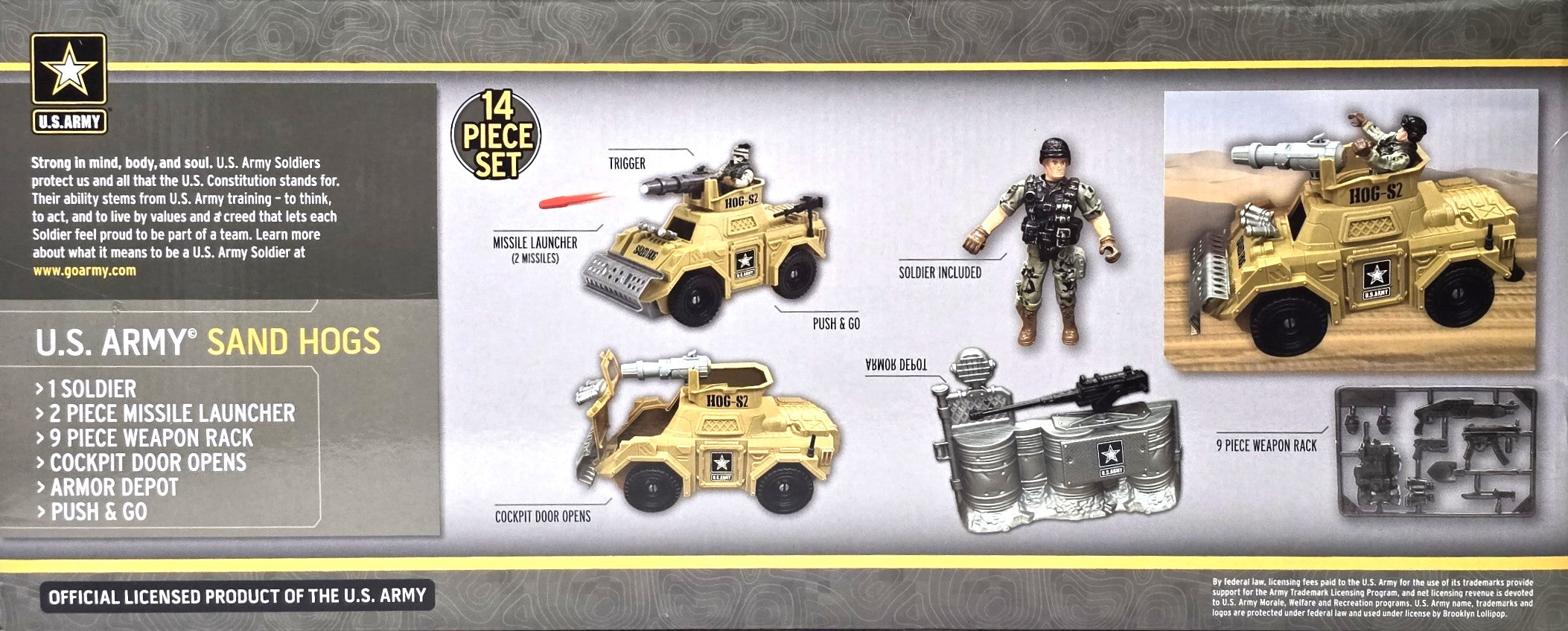United States Army Sand Hogs Playset, Push & Go War Vehicle Military Toys w/ Missile Launcher, Guns & Soldier Action Figure, 14 Pc Set