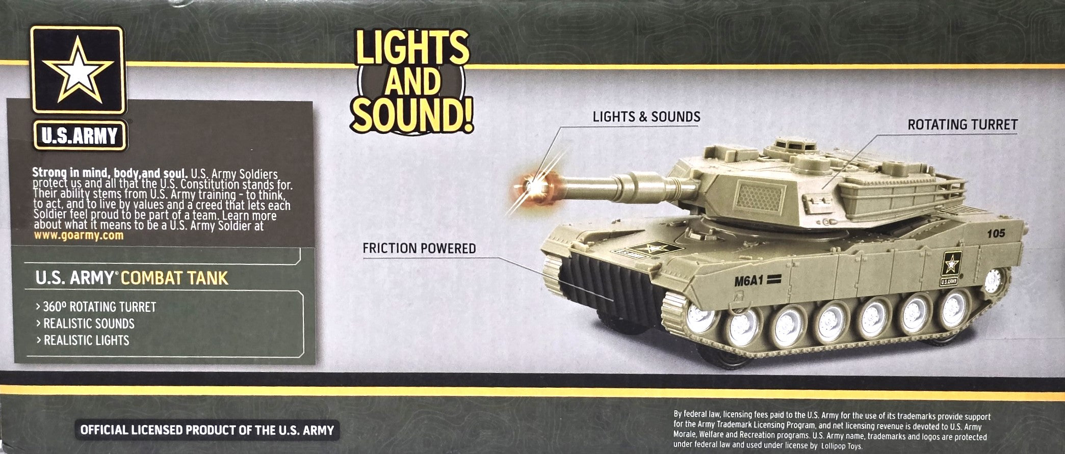 US Army Combat Tank Toy, Friction Powered with Lights and Sounds and 360 Rotating Turret