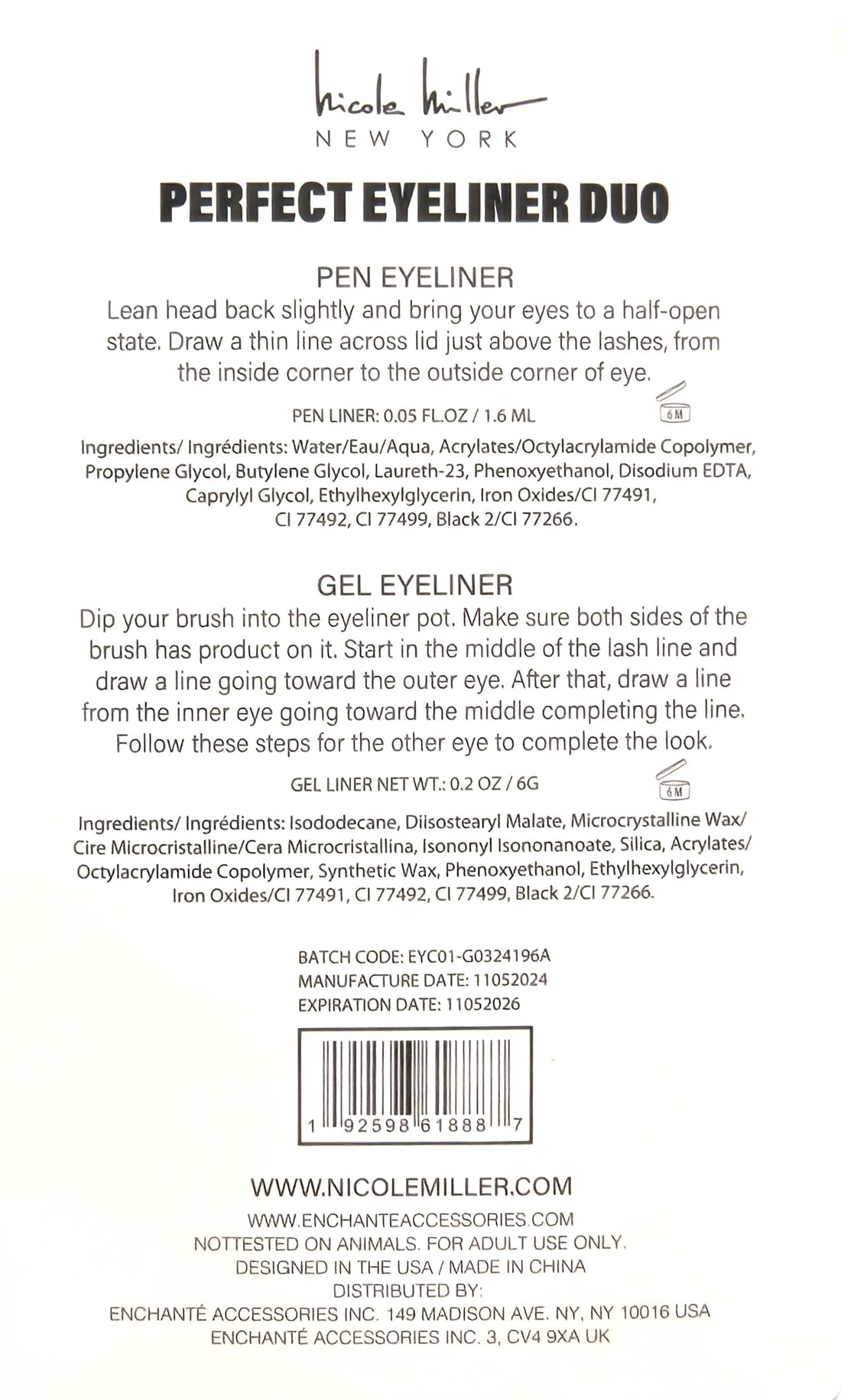 Nicole Miller Eyeliner Duo, Gel & Pen Liners, 24 Hour Wear, Black