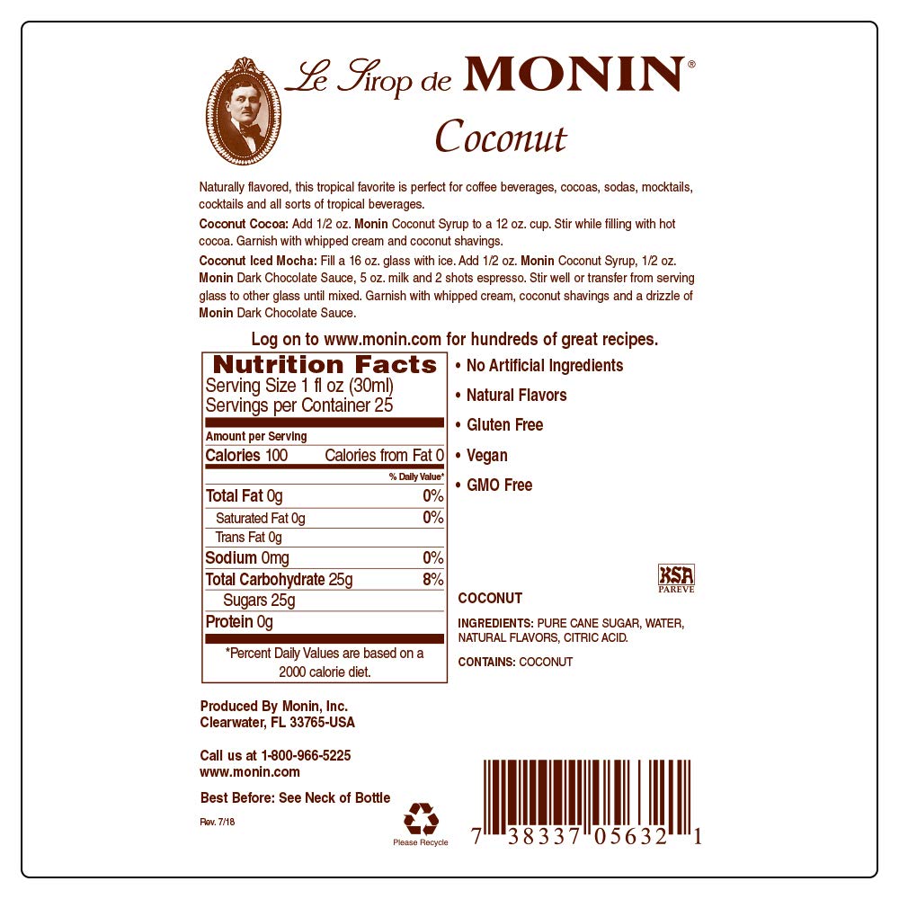 Monin - Coconut Syrup, Creamy Tropical Flavor 750ml