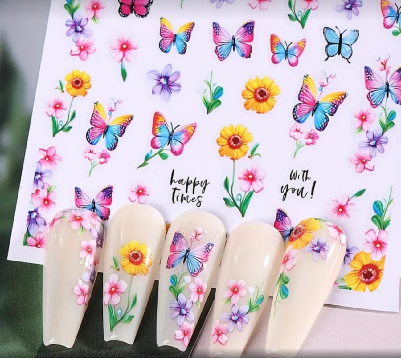 Vibrant Butterfly & Floral Nail Art Stickers 3D Spring/Summer Decal