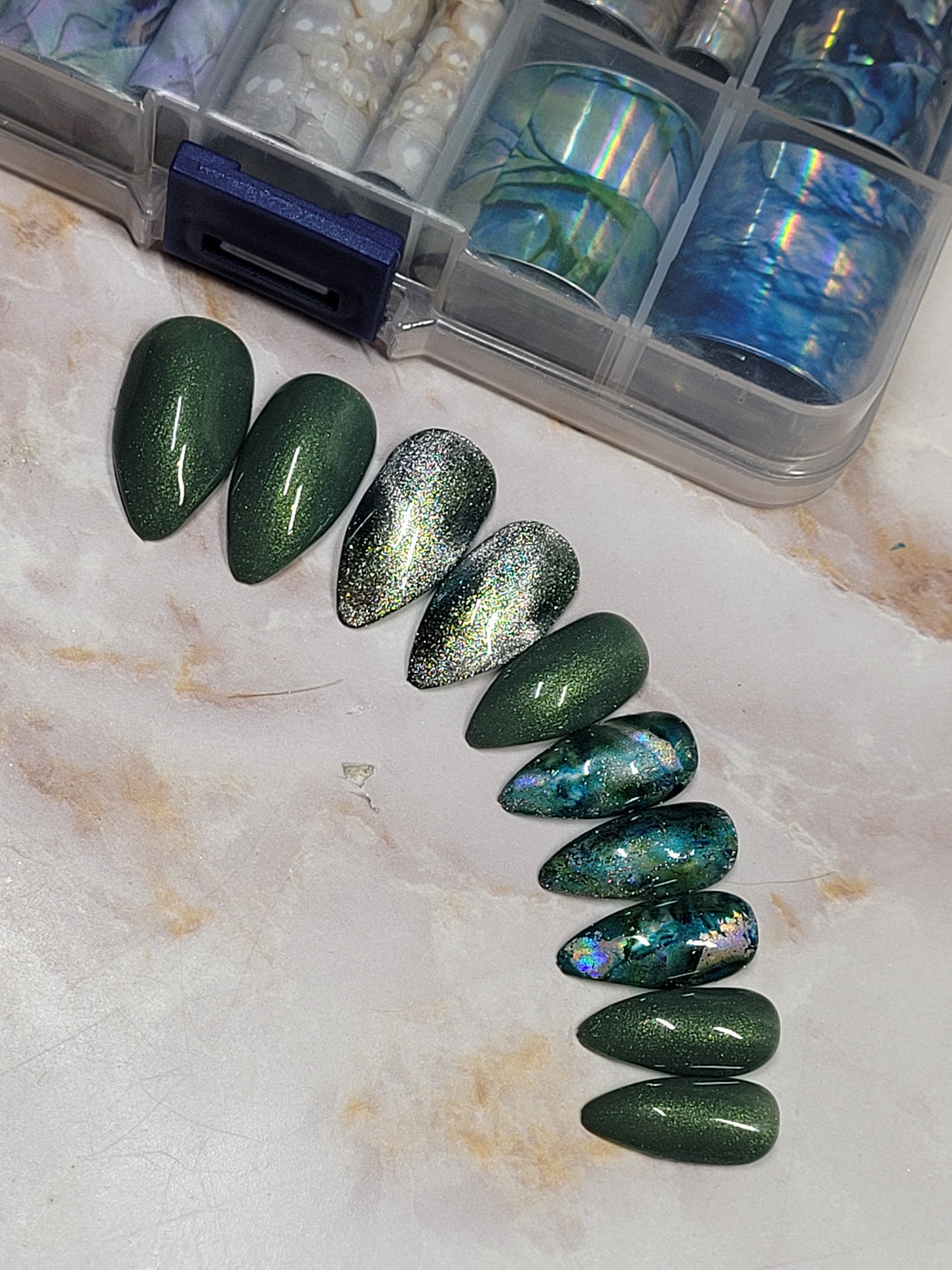 Short Stilettos Custom Press-Ons with CatEyes and Foil 20-24 Pieces