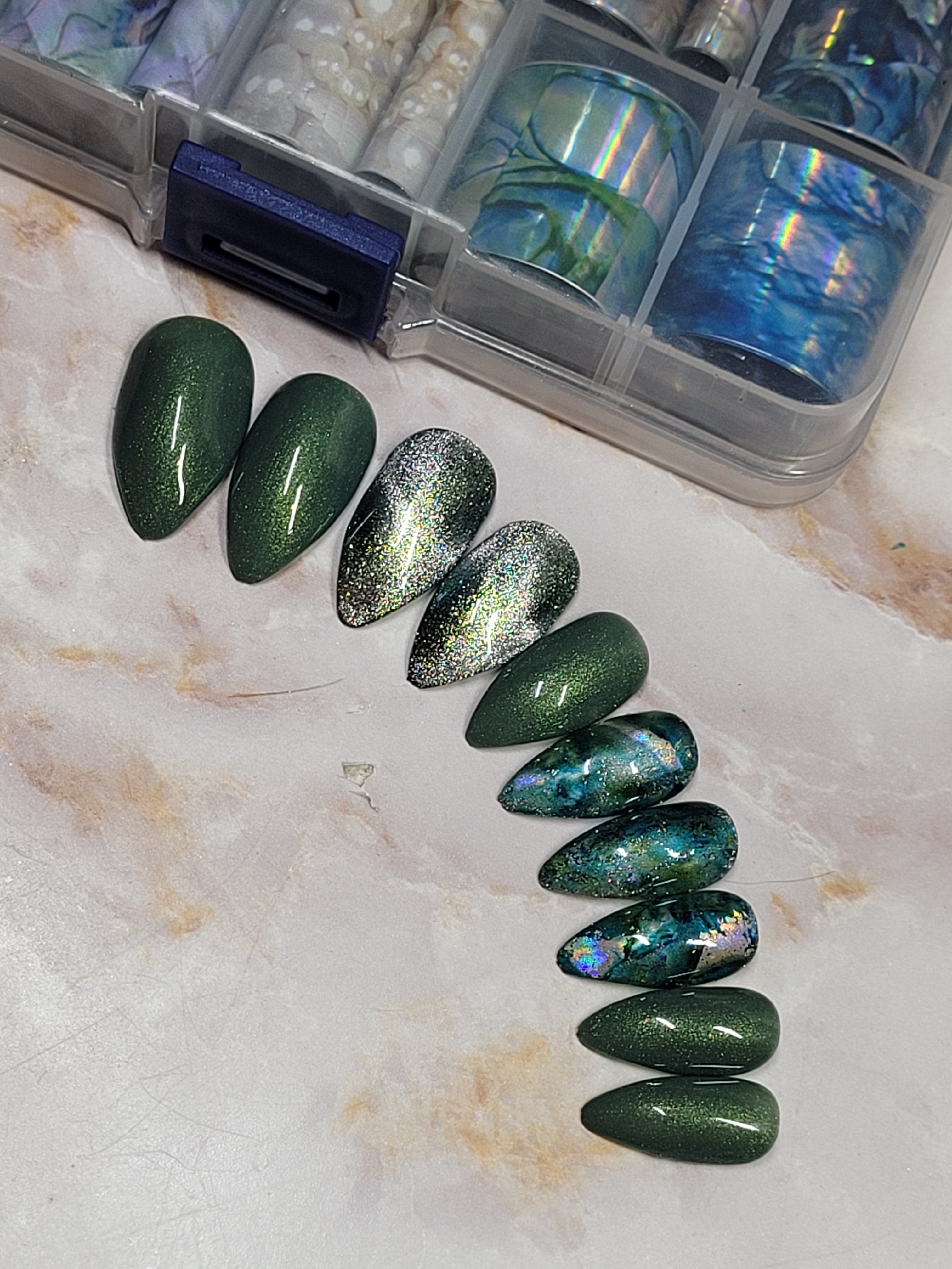 Short Stilettos Custom Press-Ons with CatEyes and Foil 20-24 Pieces