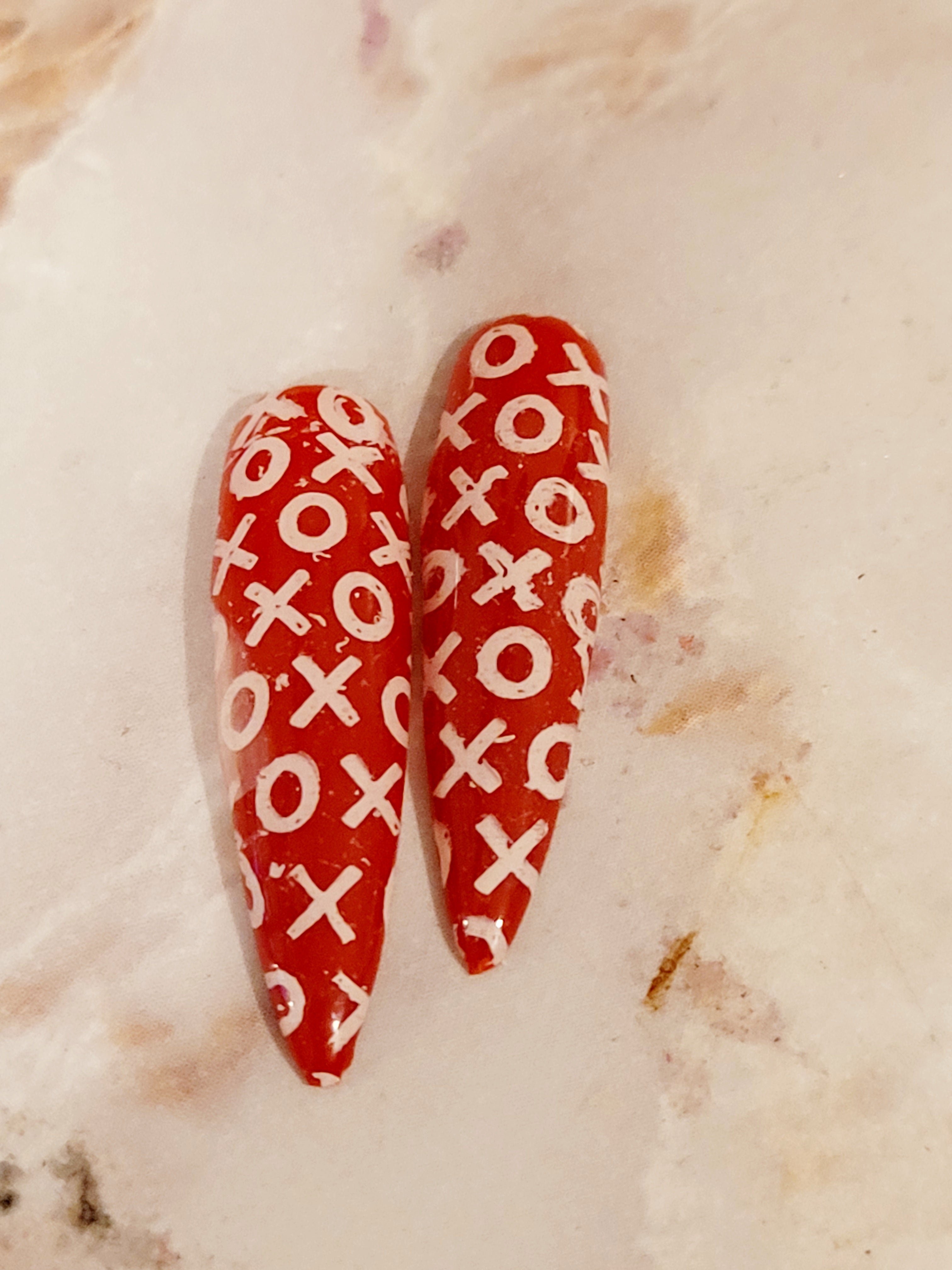 Long Almond Red Custom Press-Ons with White Foils 20-24 pieces