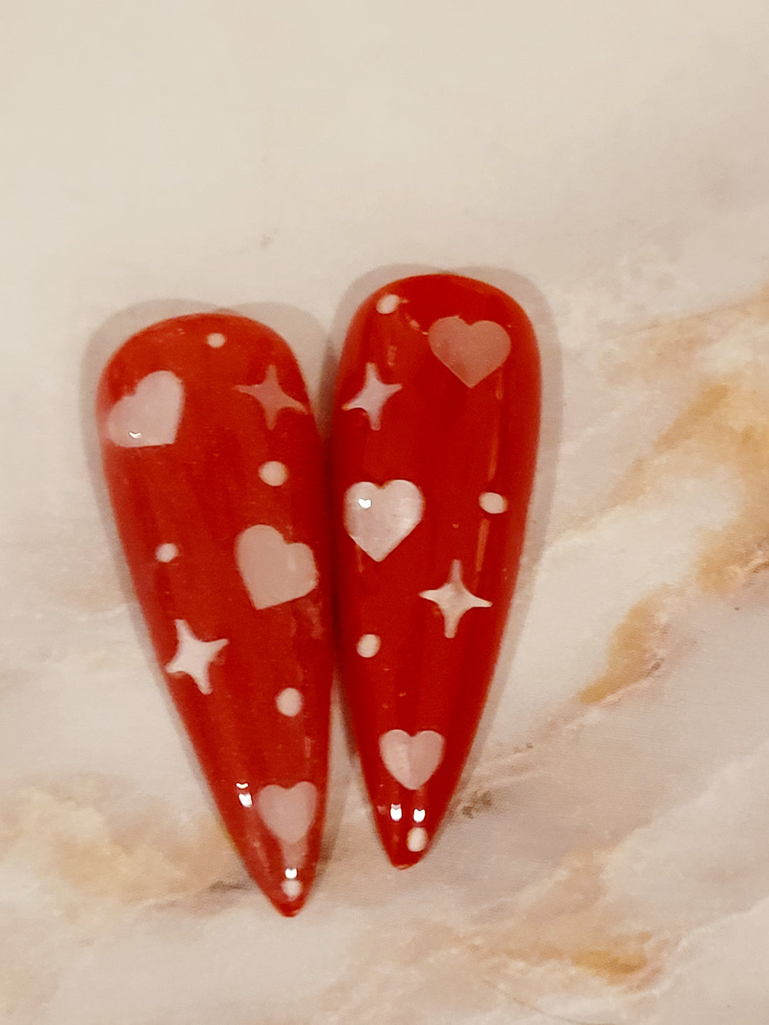 Long Almond Red Custom Press-Ons with White Foils 20-24 pieces