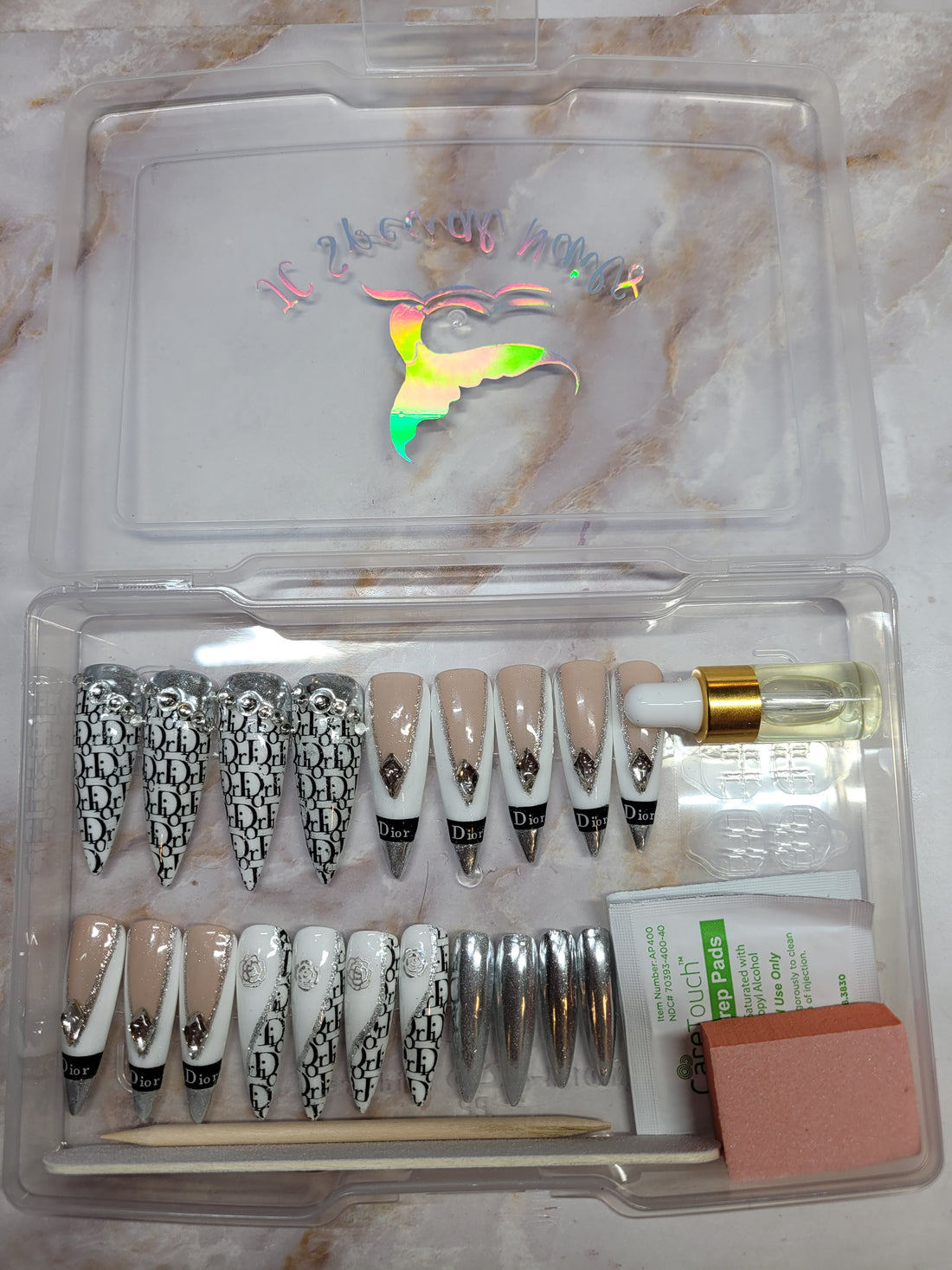 XXL Stilettos Logo Decals Custom Press-Ons with Foils and Rhinestones 20-24 pieces