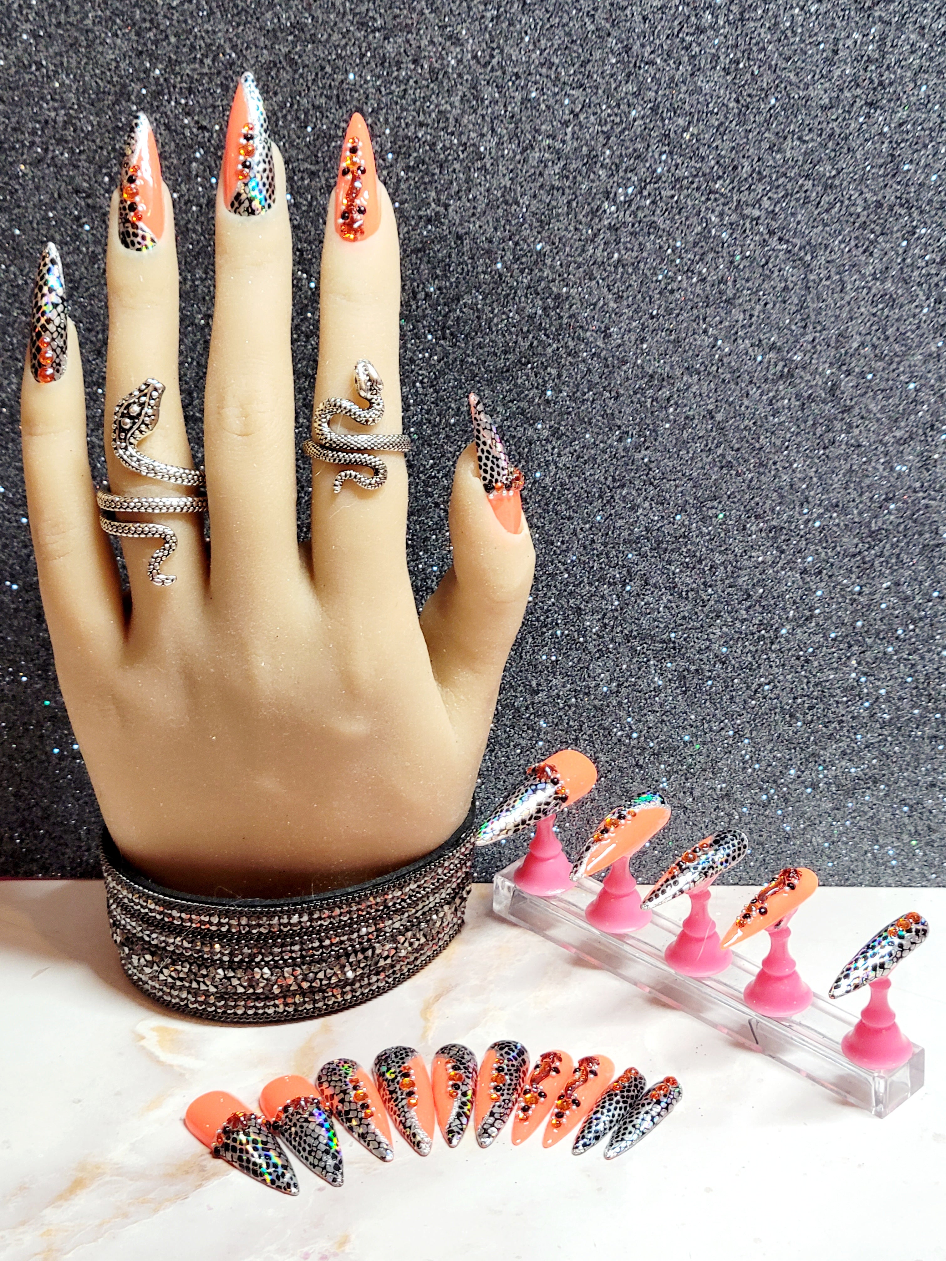 Long Neon Orange Custom Press-Ons with Rhinestones and Foils