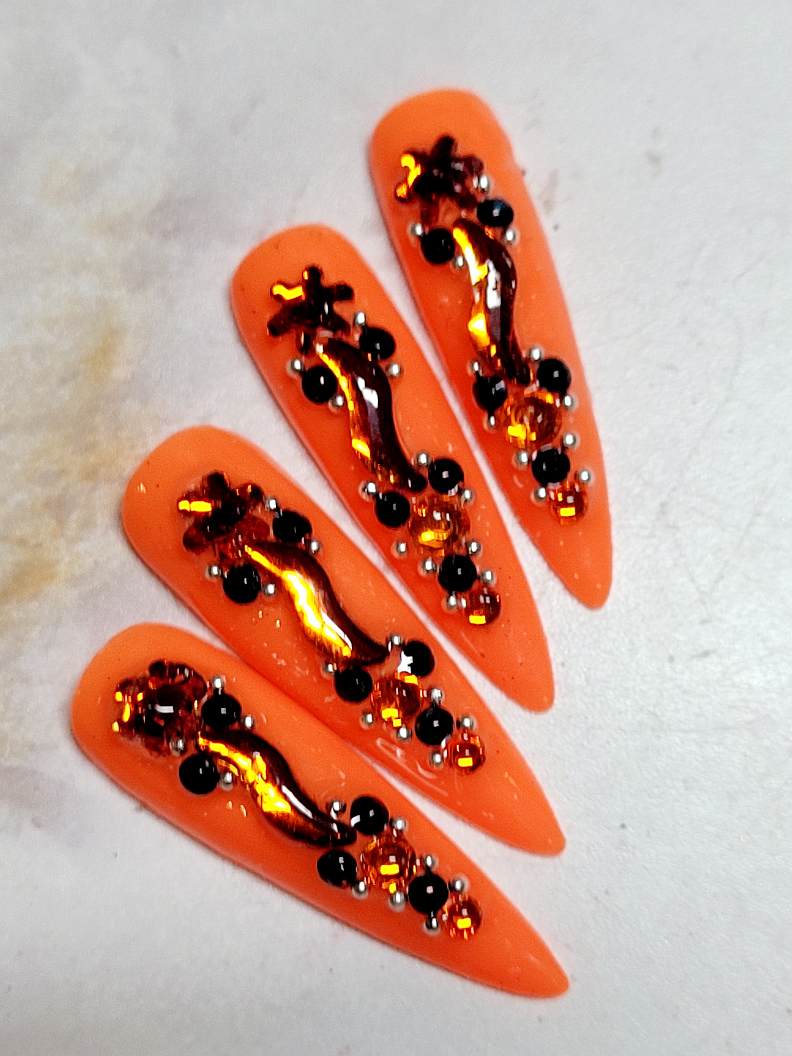Long Neon Orange Custom Press-Ons with Rhinestones and Foils