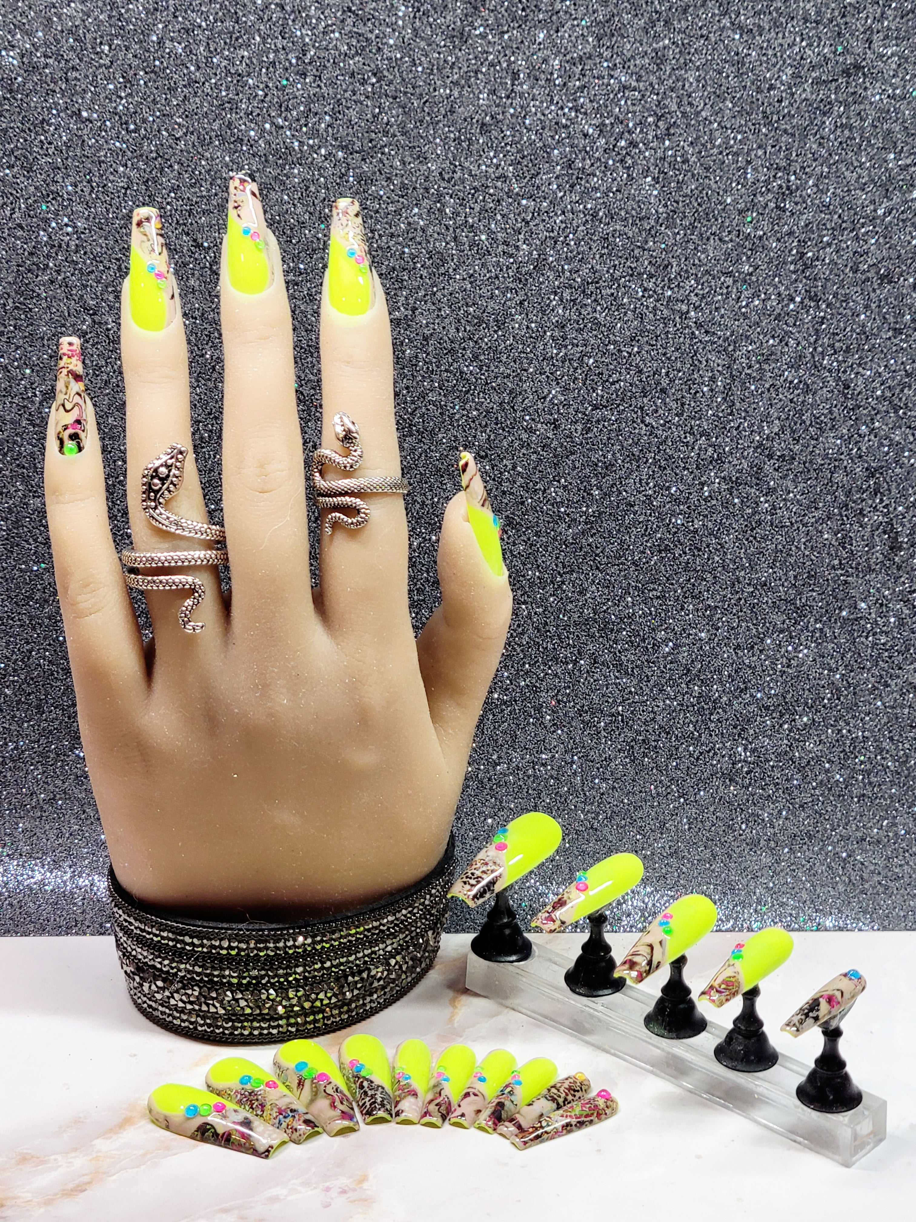 Long Neon Yellow Custom Press-Ons with Foil and Rhinestones 20-24 pieces