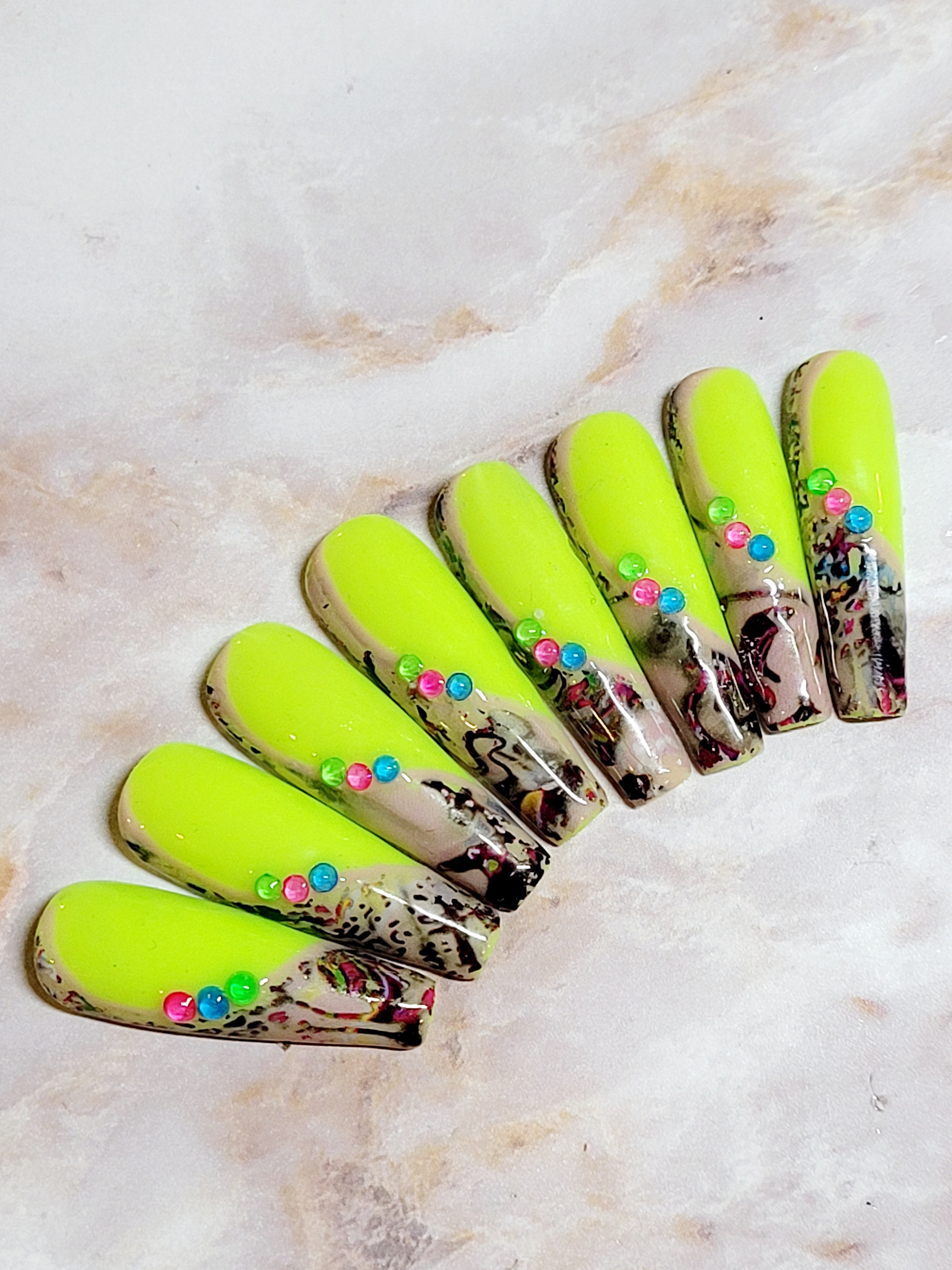Long Neon Yellow Custom Press-Ons with Foil and Rhinestones 20-24 pieces