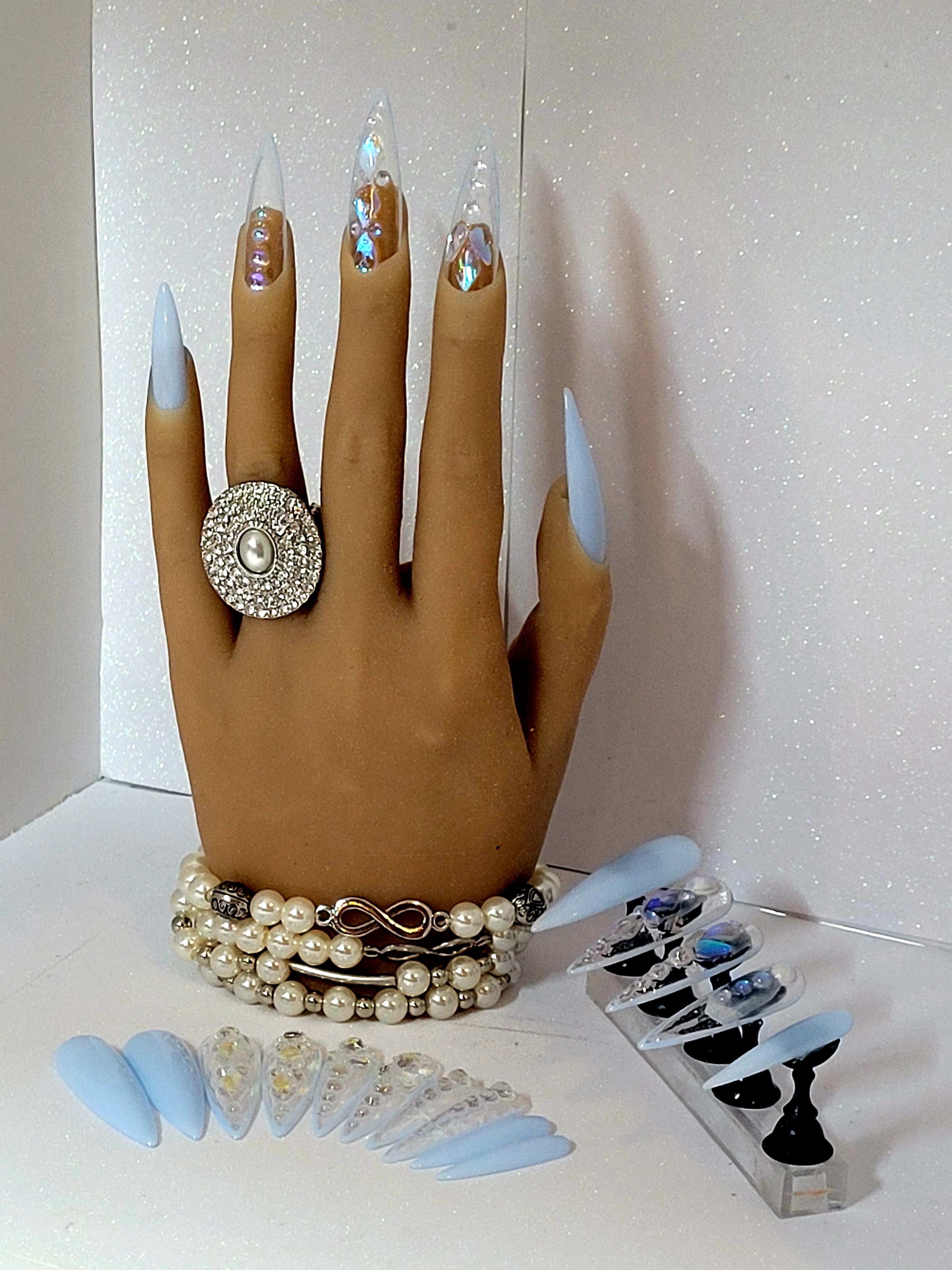 XXL Stilettos Clear Custom Press-Ons with Luxury Rhinestones in Stackable Box 20-24 pieces