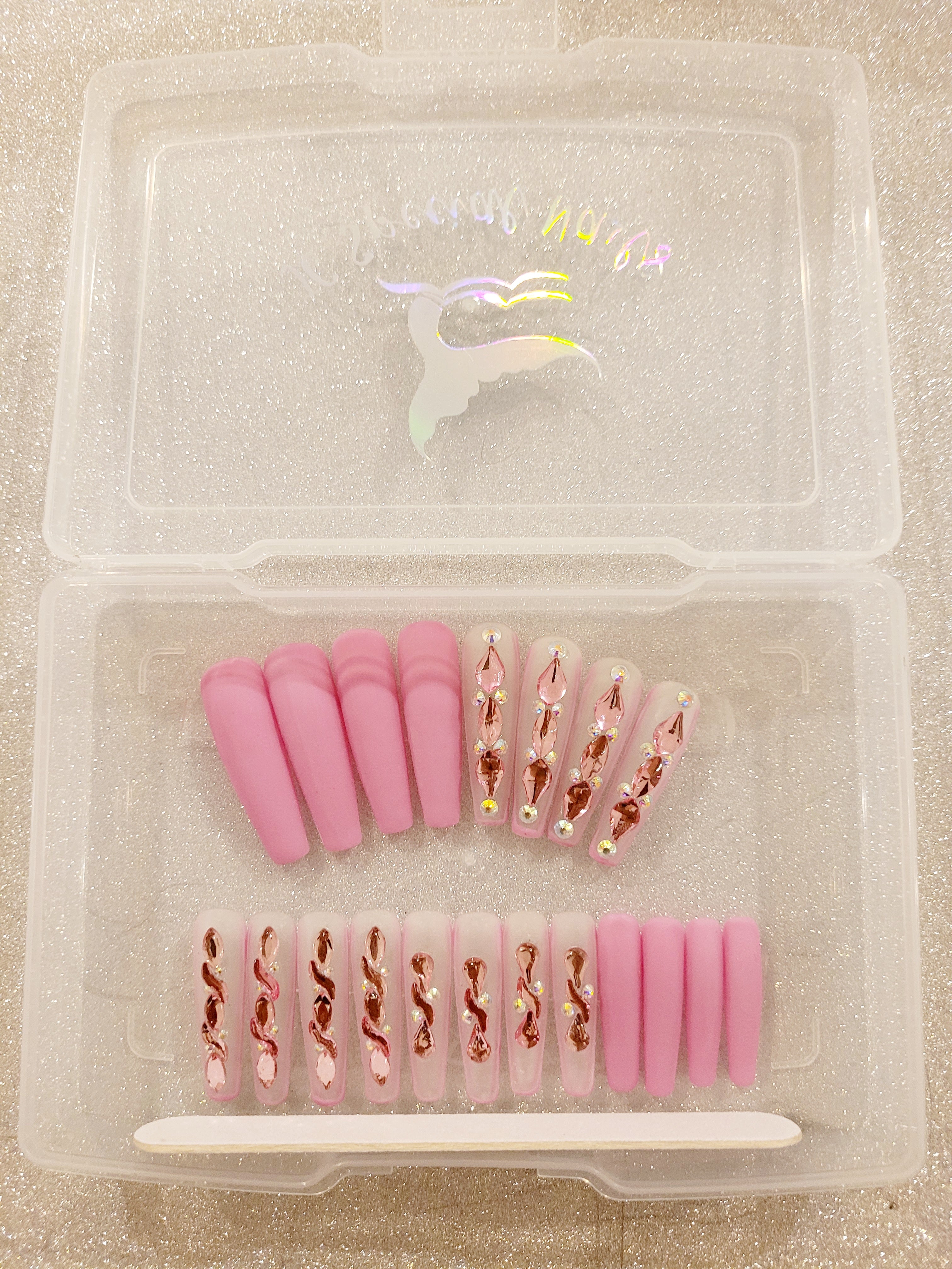 XXL Stilettos Clear Custom Press-Ons with Luxury Rhinestones in Stackable Box 20-24 pieces