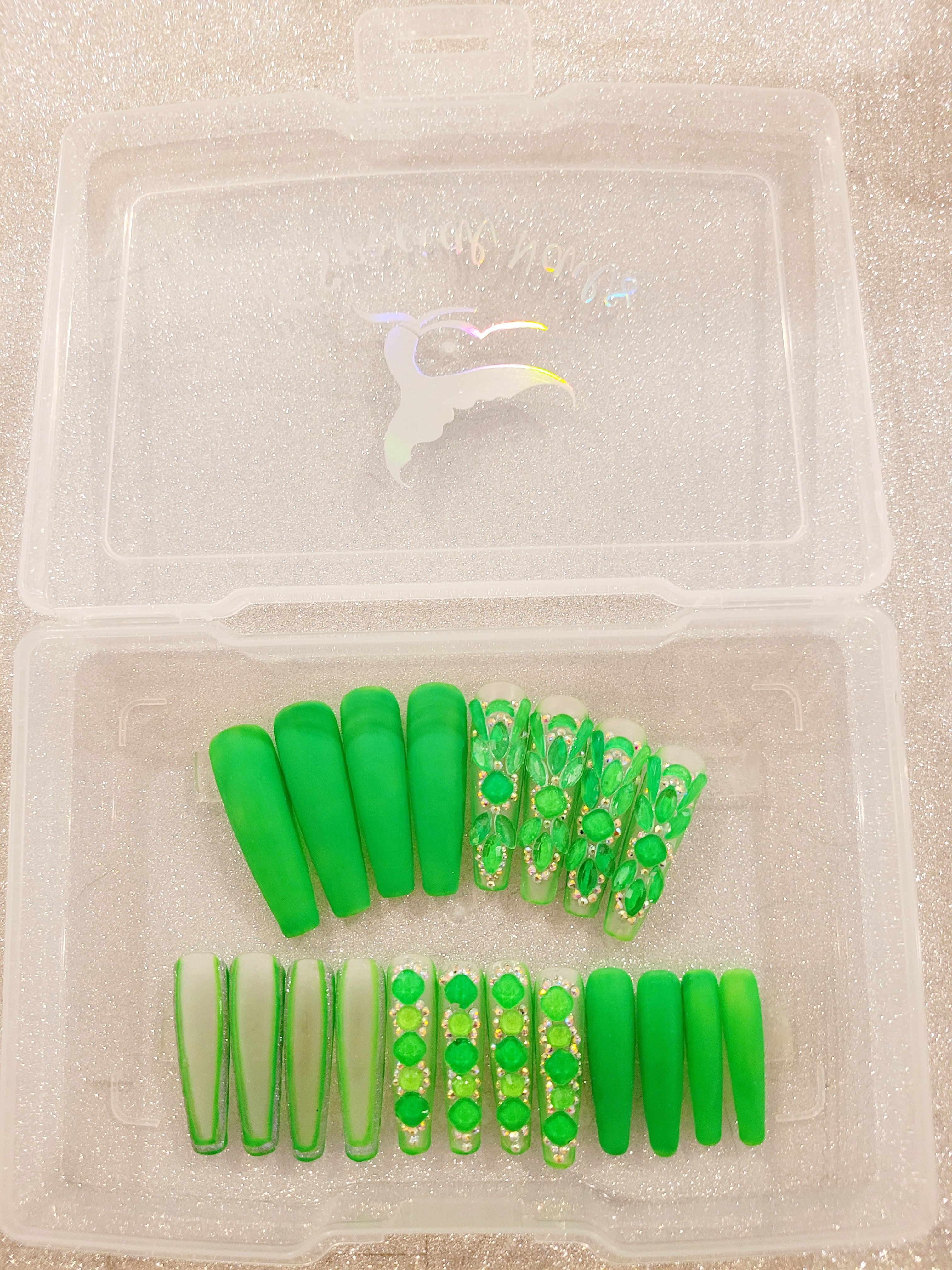 XXL Stilettos Clear Custom Press-Ons with Luxury Rhinestones in Stackable Box 20-24 pieces