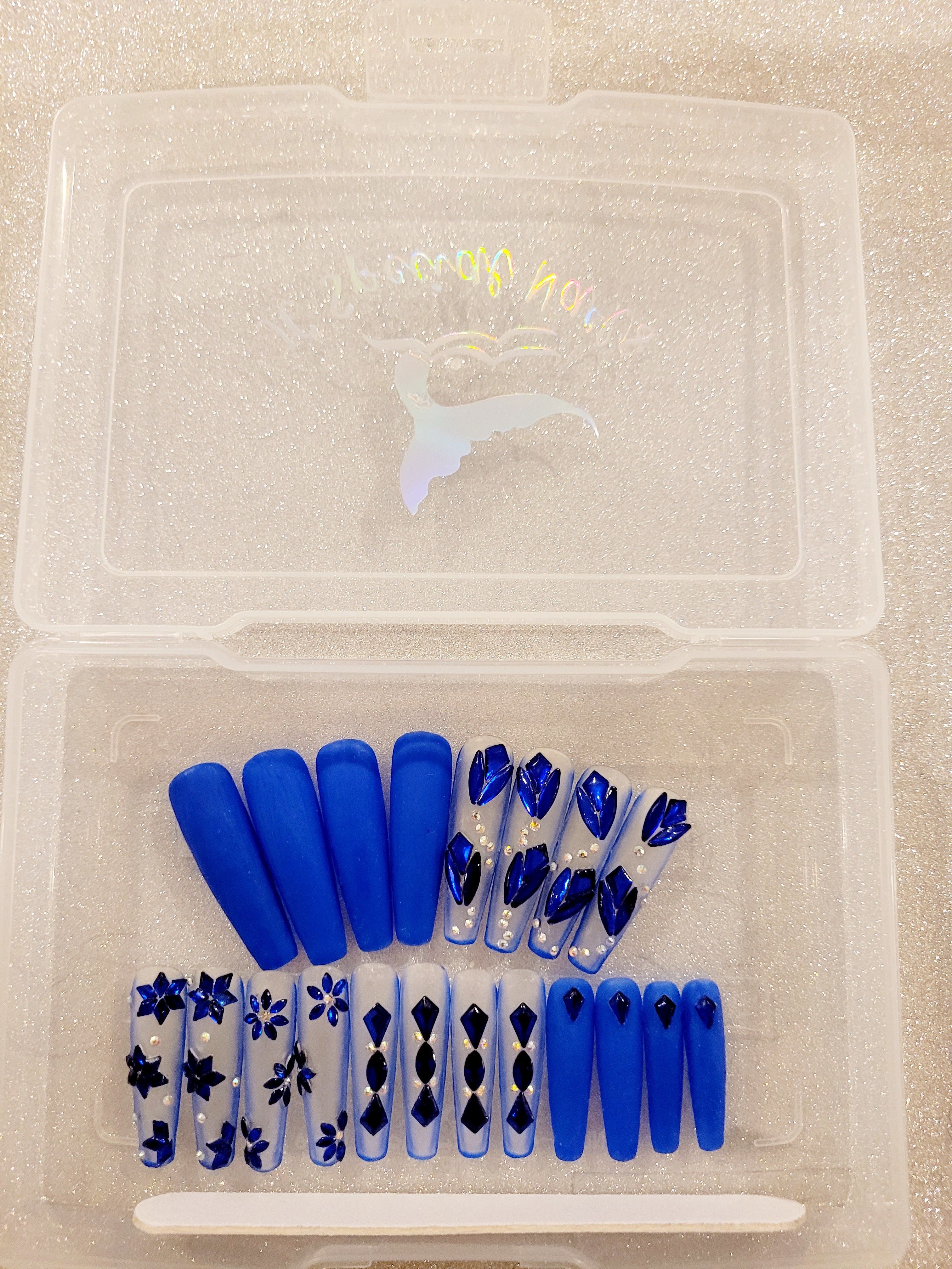 XXL Stilettos Clear Custom Press-Ons with Luxury Rhinestones in Stackable Box 20-24 pieces