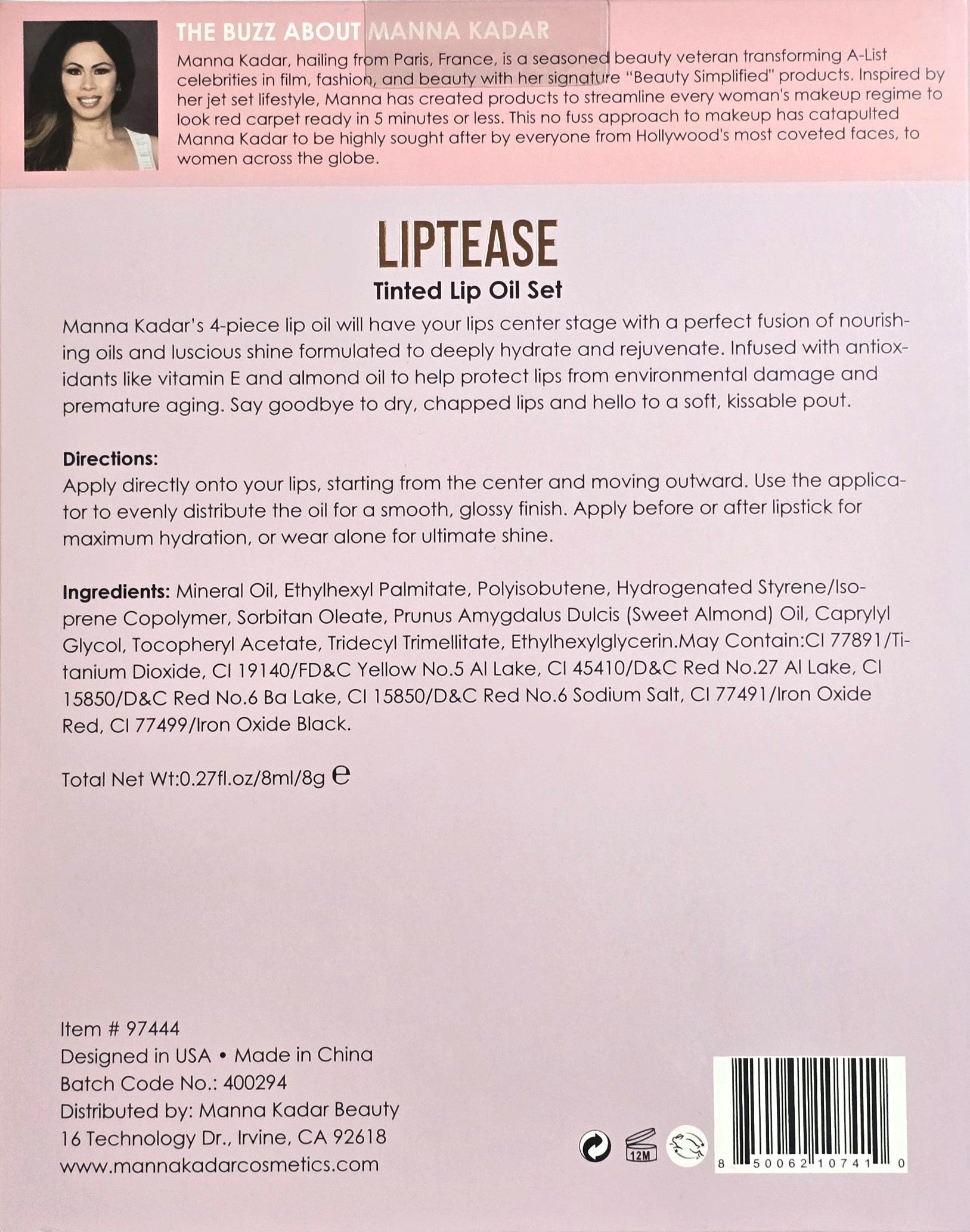 Manna Kadar Beauty Lip Gloss Set, 4 Shades, 0.27 fl.oz/8ml Each