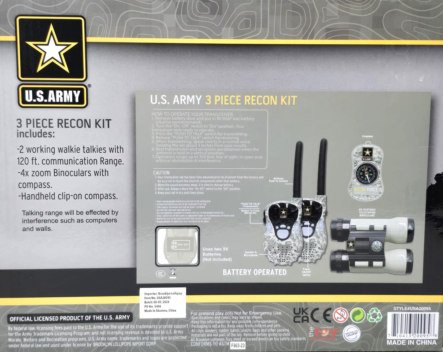 US Army 3 Piece Recon Kit 2 Walkie Talkies, Binoculars and Compass