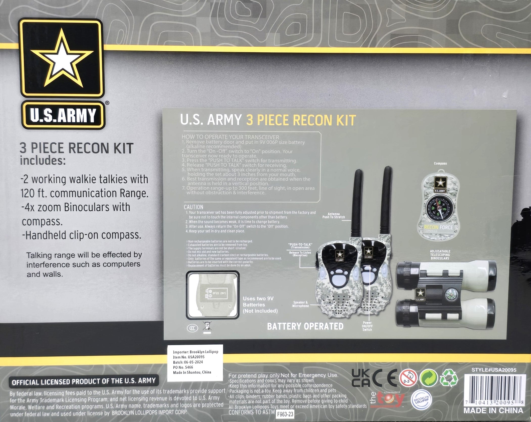 US Army 3 Piece Recon Kit 2 Walkie Talkies, Binoculars and Compass