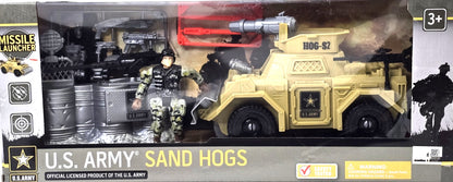 United States Army Sand Hogs Playset, Push &amp; Go War Vehicle Military Toys w/ Missile Launcher, Guns &amp; Soldier Action Figure, 14 Pc Set