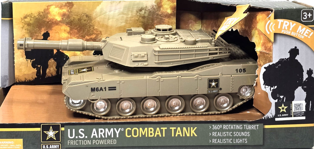 US Army Combat Tank Toy, Friction Powered with Lights and Sounds and 360 Rotating Turret