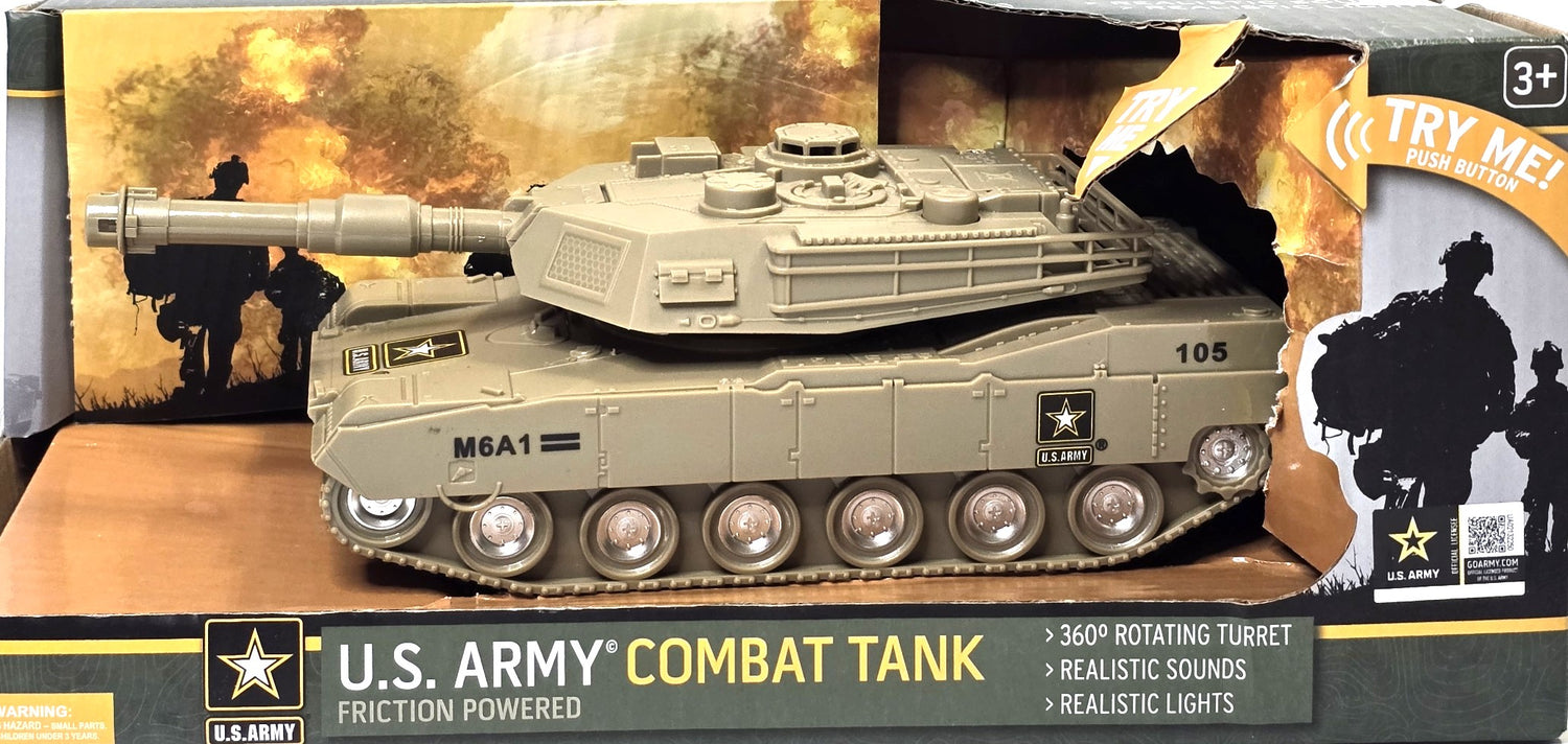 US Army Combat Tank Toy, Friction Powered with Lights and Sounds and 360 Rotating Turret