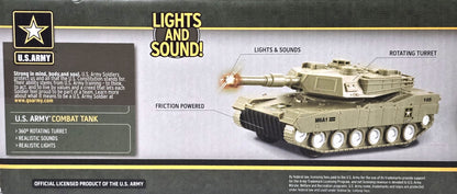 US Army Combat Tank Toy, Friction Powered with Lights and Sounds and 360 Rotating Turret