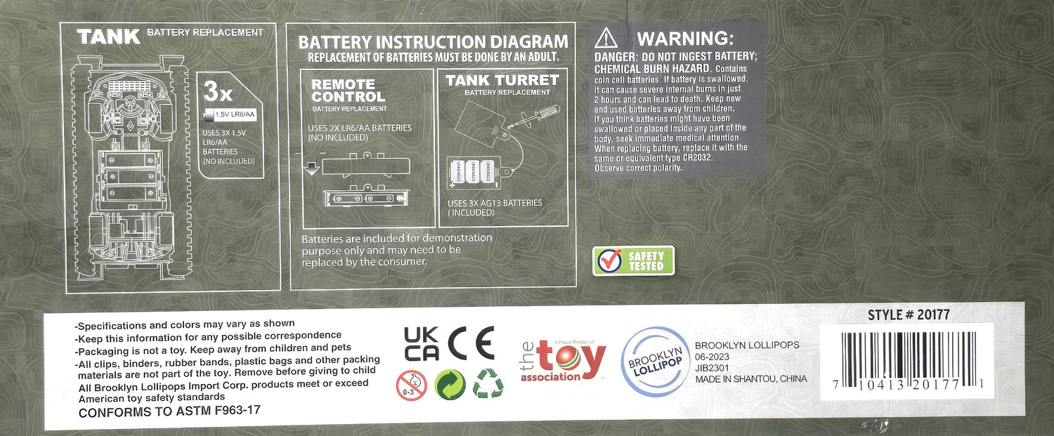US ARMY Radio Control Tank with Lights and Sounds, Forward/Back, Left/Right 6+