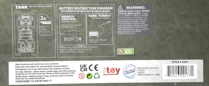 US ARMY Radio Control Tank with Lights and Sounds, Forward/Back, Left/Right 6+
