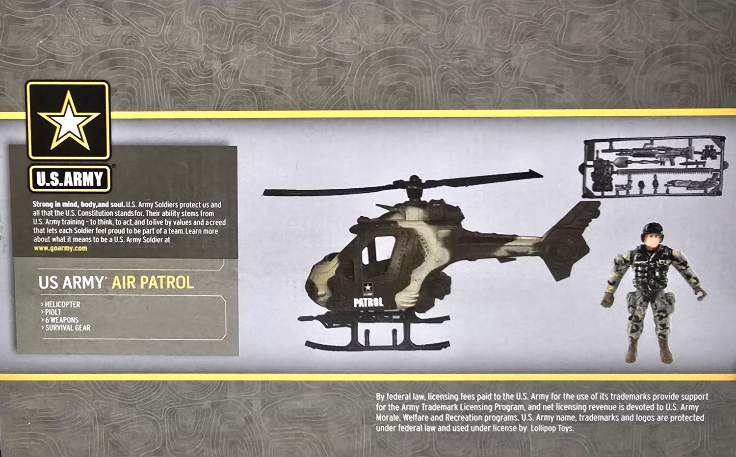 US Army Air Patrol Helicopter with Weapons and Soldier Play Set 3+