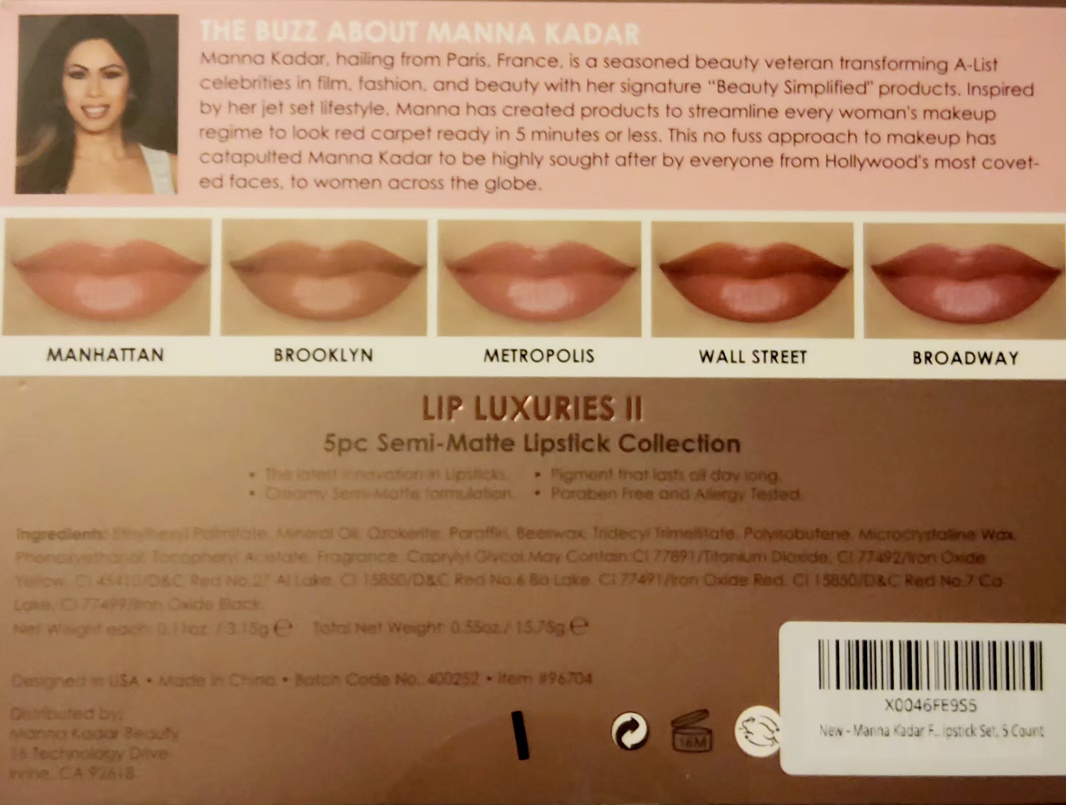 Manna Kadar Full Size Lip Luxuries II Semi-Matte Lipstick Collection, 5 pc