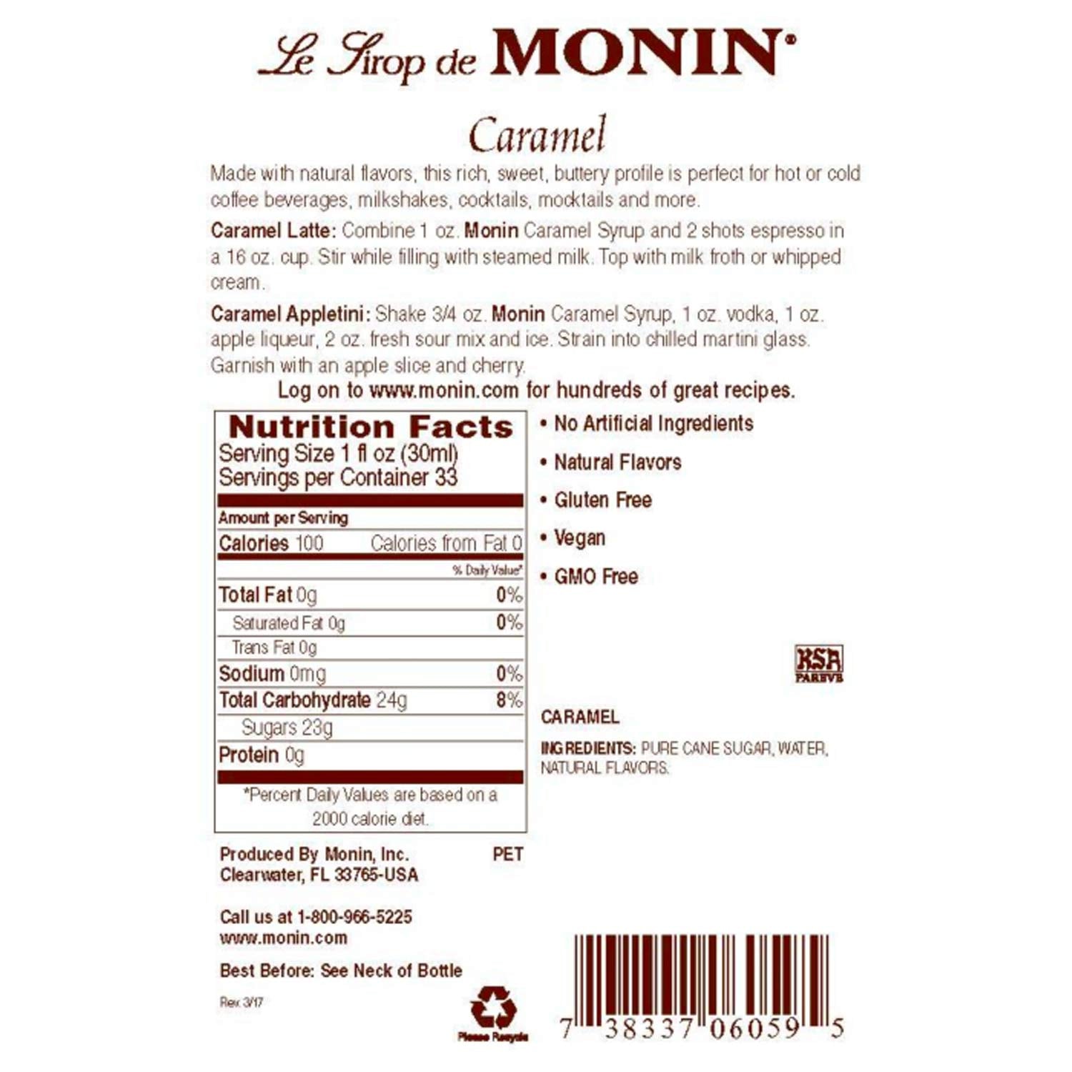 Monin - Caramel Syrup, Rich &amp; Buttery 750ml
