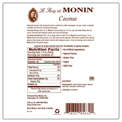 Monin - Coconut Syrup, Creamy Tropical Flavor 750ml