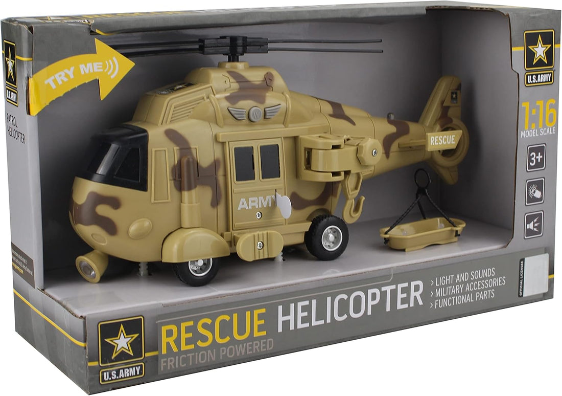 United States Army Friction Powered Rescue Helicopter Toy - 1:16 Scale Model Military Copter w/ Hook, Light & Sound
