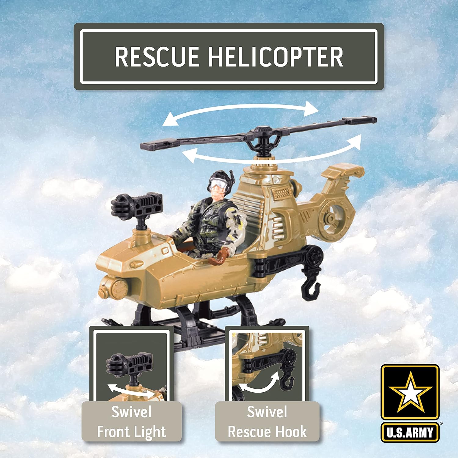United States Army Rescue Force Soldier Toys &amp; Military Vehicles - Helicopter &amp; Desert Car, Artillery, Gear &amp; Action Figure Playset, 3+ by Brooklyn Lollipops Import Corp | Toys &amp; Games