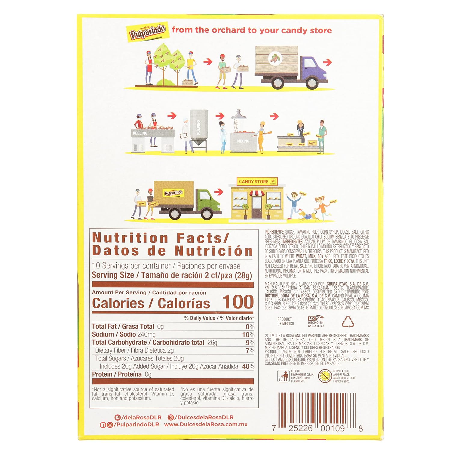 Pulparindo Tamarind Mexican Candy De la Rosa - Original Flavor - One 10 oz (280g