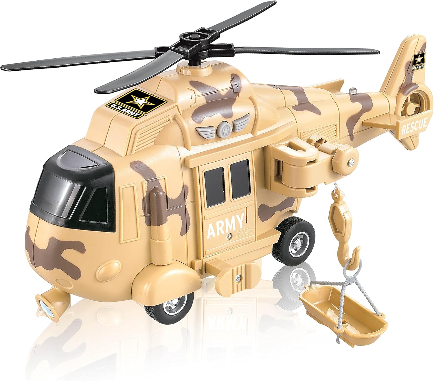 United States Army Friction Powered Rescue Helicopter Toy - 1:16 Scale Model Military Copter w/ Hook, Light &amp; Sound