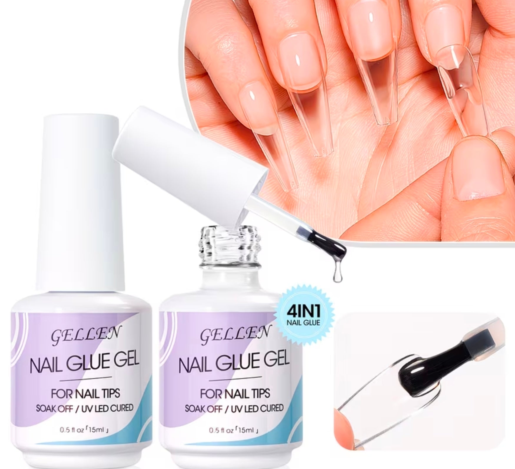 4 in 1 Nail Glue Gel 15ml Soak off/UV Led cured 2 piece