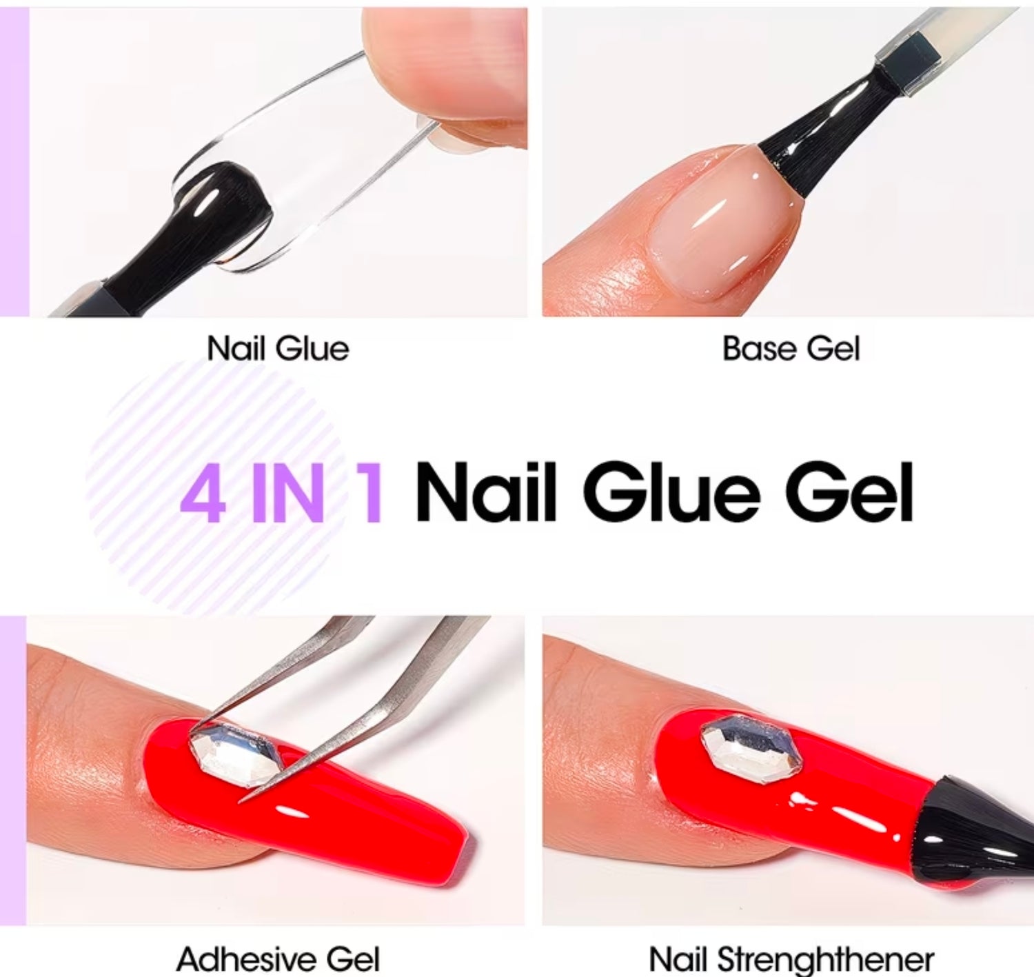 4 in 1 Nail Glue Gel 15ml Soak off/UV Led cured 2 piece