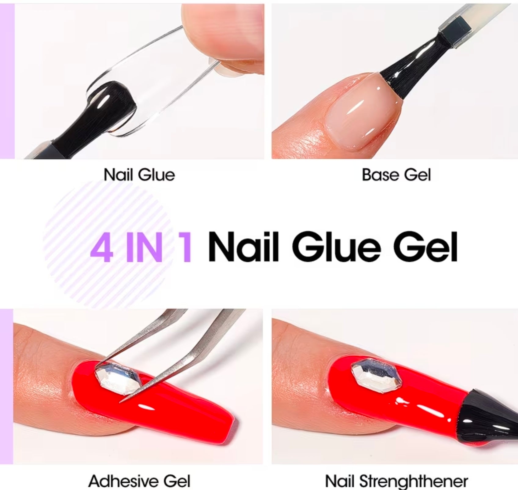 4 in 1 Nail Glue Gel 15ml Soak off/UV Led cured 2 piece