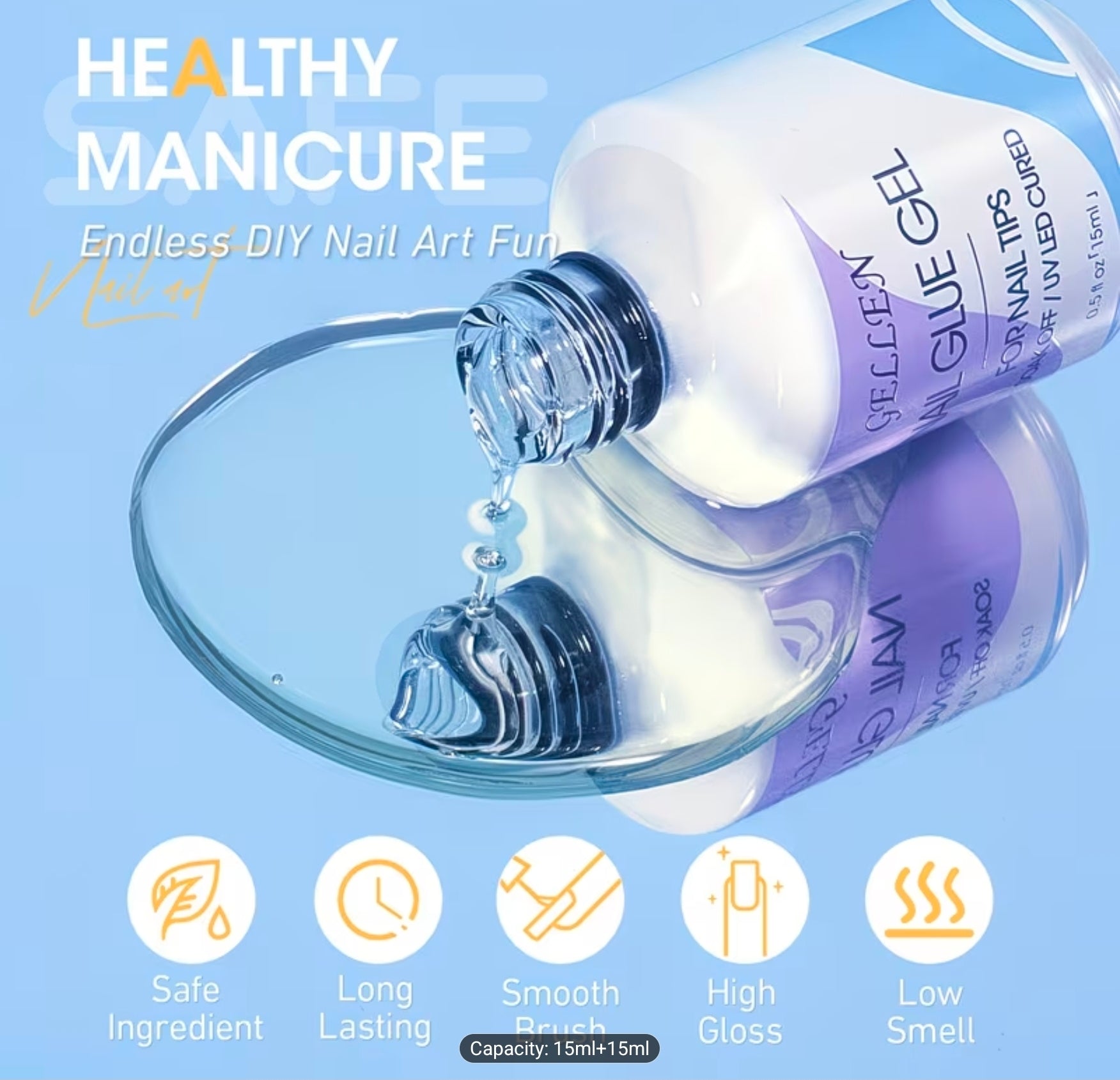 4 in 1 Nail Glue Gel 15ml Soak off/UV Led cured 2 piece