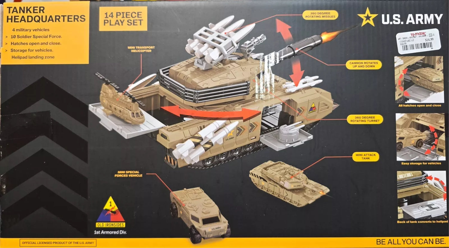 US Army Tanker Headquarters 14pcs Play Set, Hatches, Storage and Helipad Landing