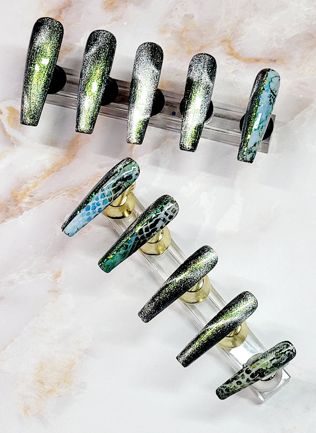 Long Coffin Custom Press-Ons with CatEyes and Foils 20-24 pieces