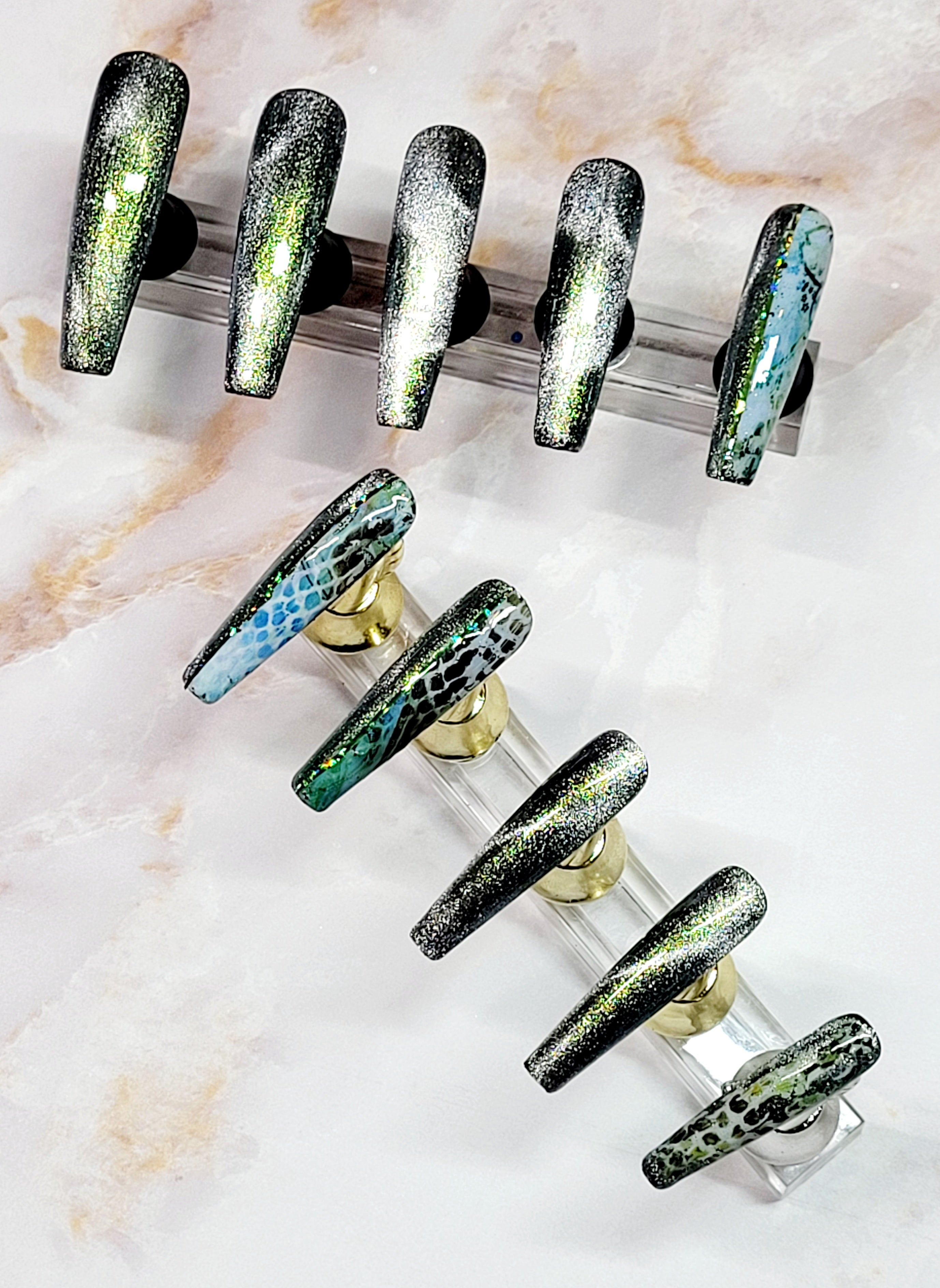 Long Coffin Custom Press-Ons with CatEyes and Foils 20-24 pieces