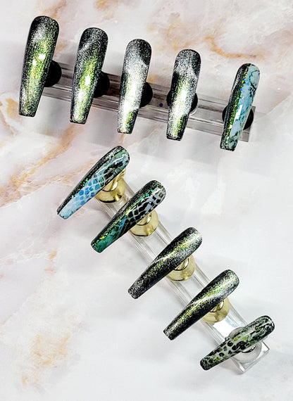 Long Coffin Custom Press-Ons with CatEyes and Foils 20-24 pieces