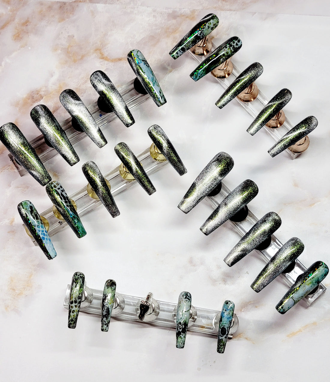 Long Coffin Custom Press-Ons with CatEyes and Foils 20-24 pieces