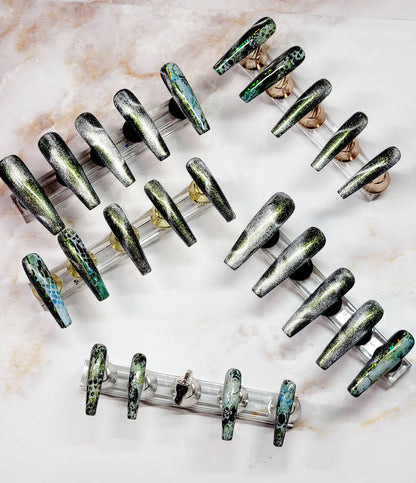 Long Coffin Custom Press-Ons with CatEyes and Foils 20-24 pieces