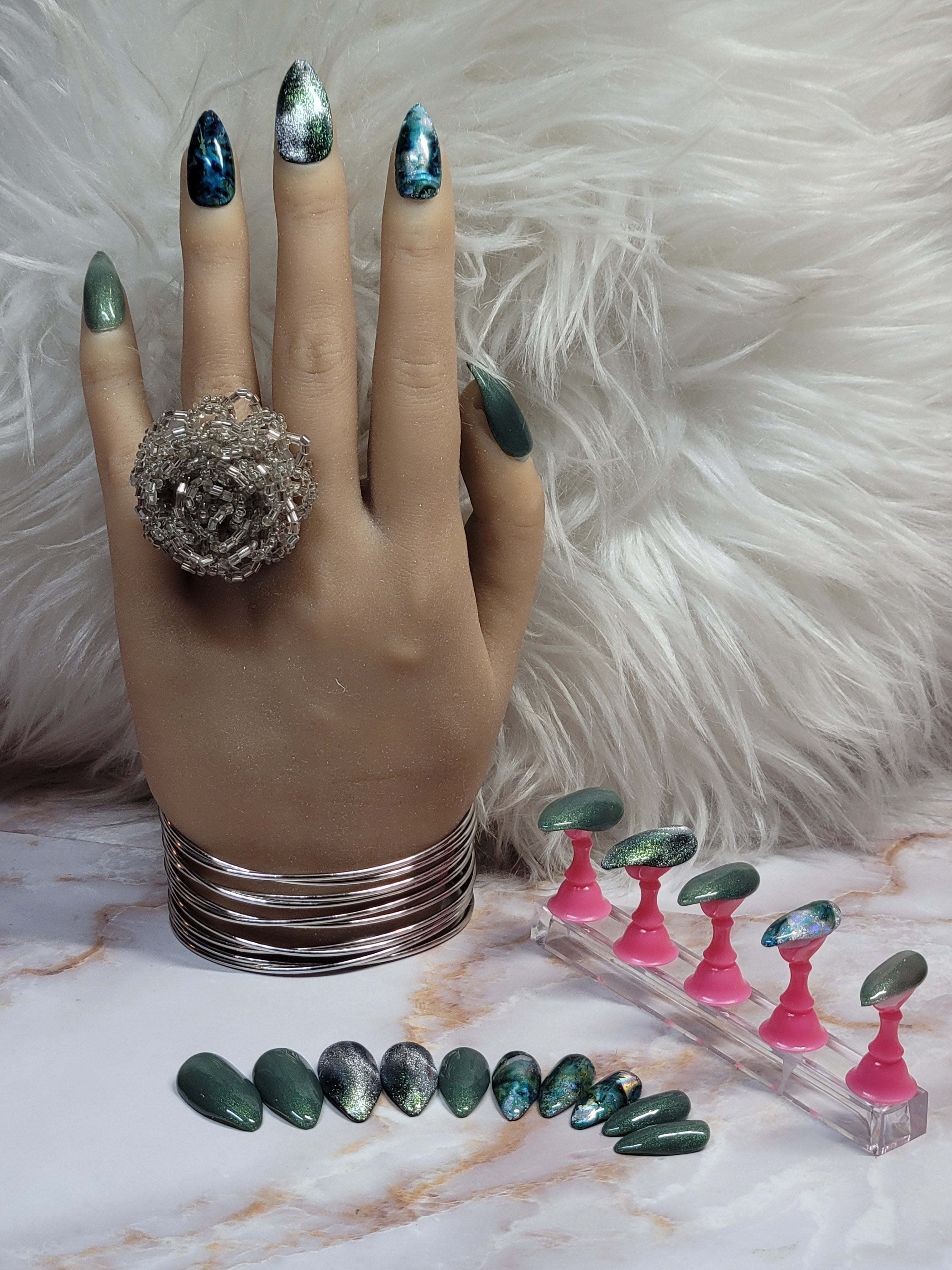 Short Stilettos Custom Press-Ons with CatEyes and Foil 20-24 Pieces