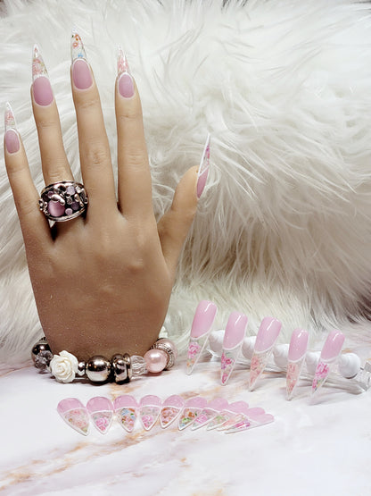 XL Stilettos Pink Custom Press-Ons with Flower Foils 20-24 pieces