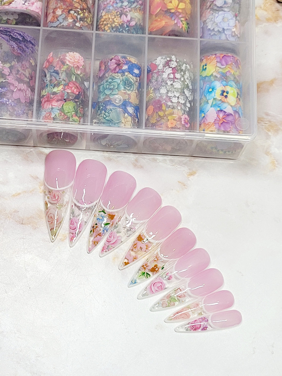 XL Stilettos Pink Custom Press-Ons with Flower Foils 20-24 pieces